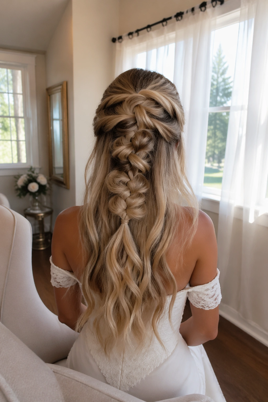 Wide shot of boho pull-through braid half-up on bride