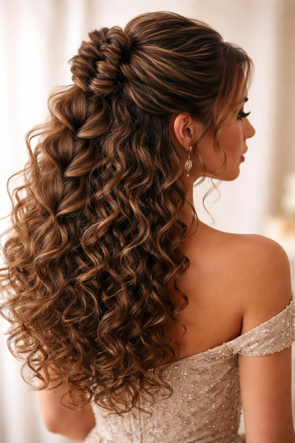 Voluminous pull-through braid illusion on curly half-up hair