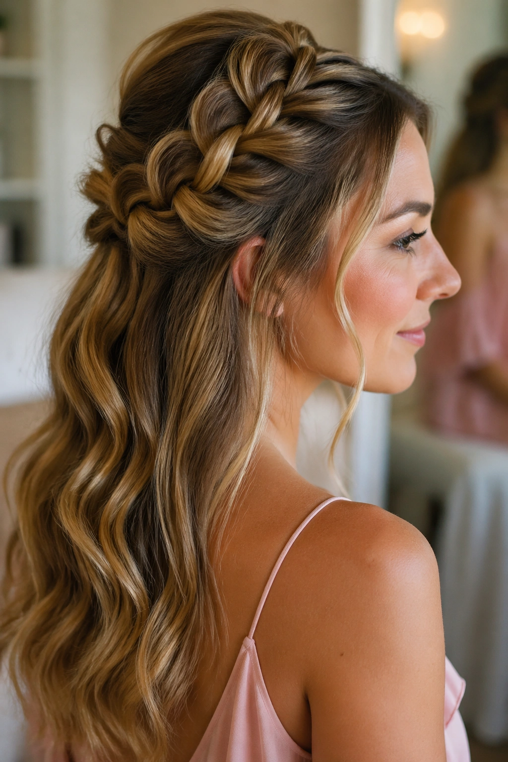 Close-up of a real woman's head with pull-through braid half-up