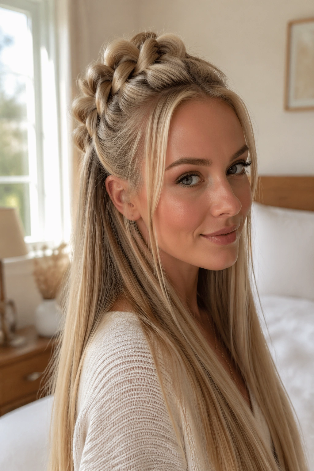 Close-up of a real woman with pull-through braid half-up in a sunlit bedroom