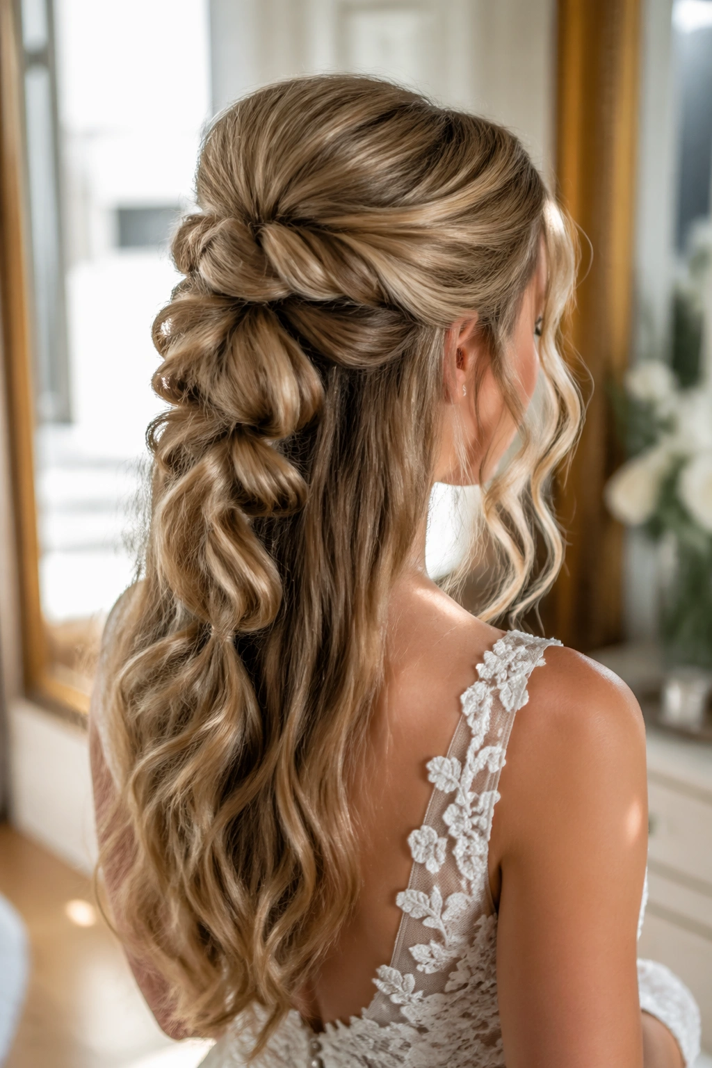 Pull-through braid half-up with volume on real bride
