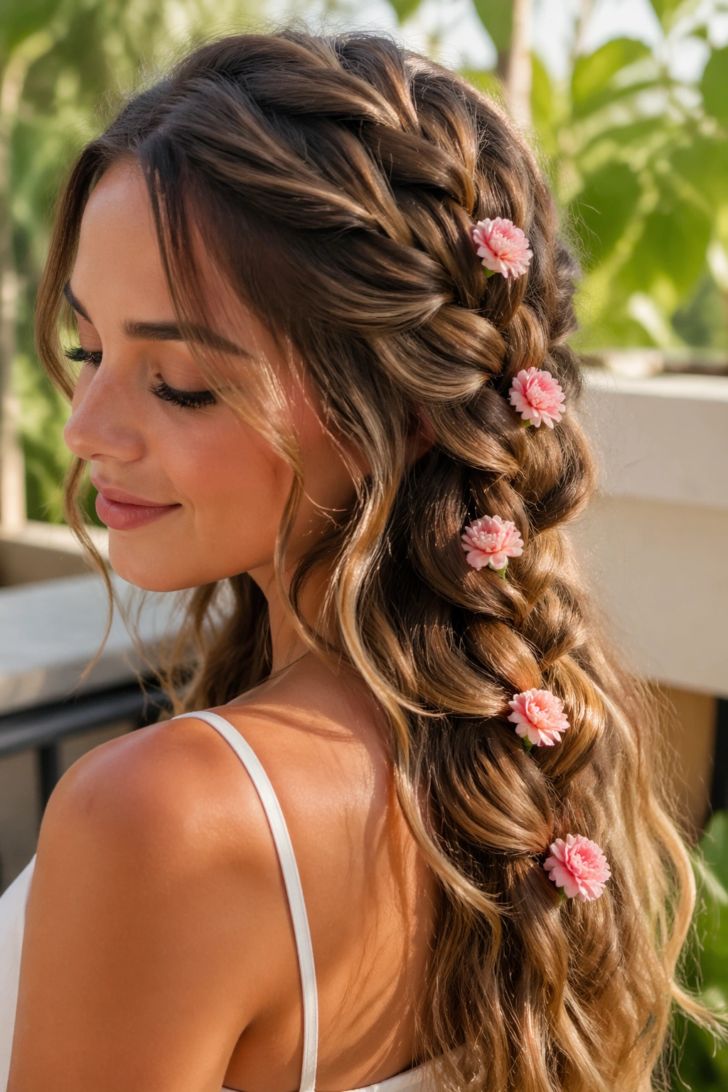 Close-up of a real woman with Pull-Through Braid and mini carnations