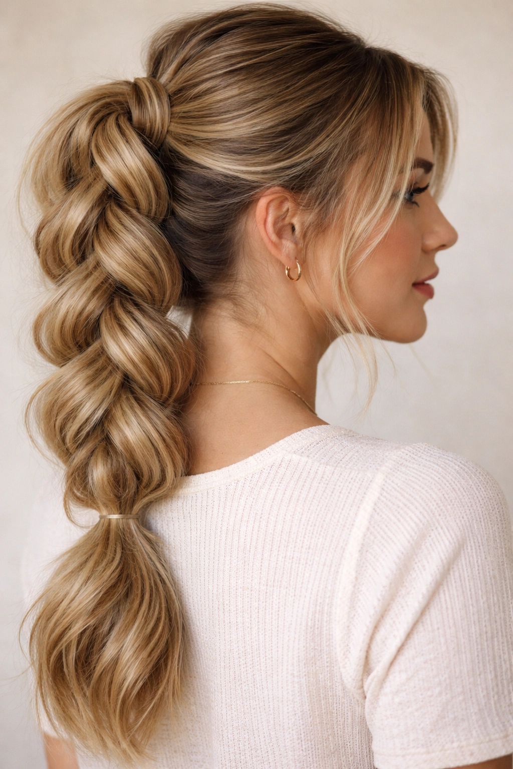 Stacked pull-through ponytail with a full woven appearance