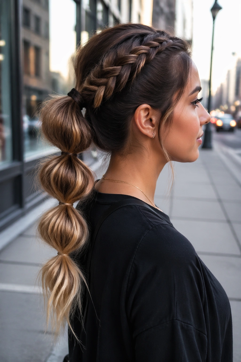 Side-profile pull-through braided ponytail on urban street