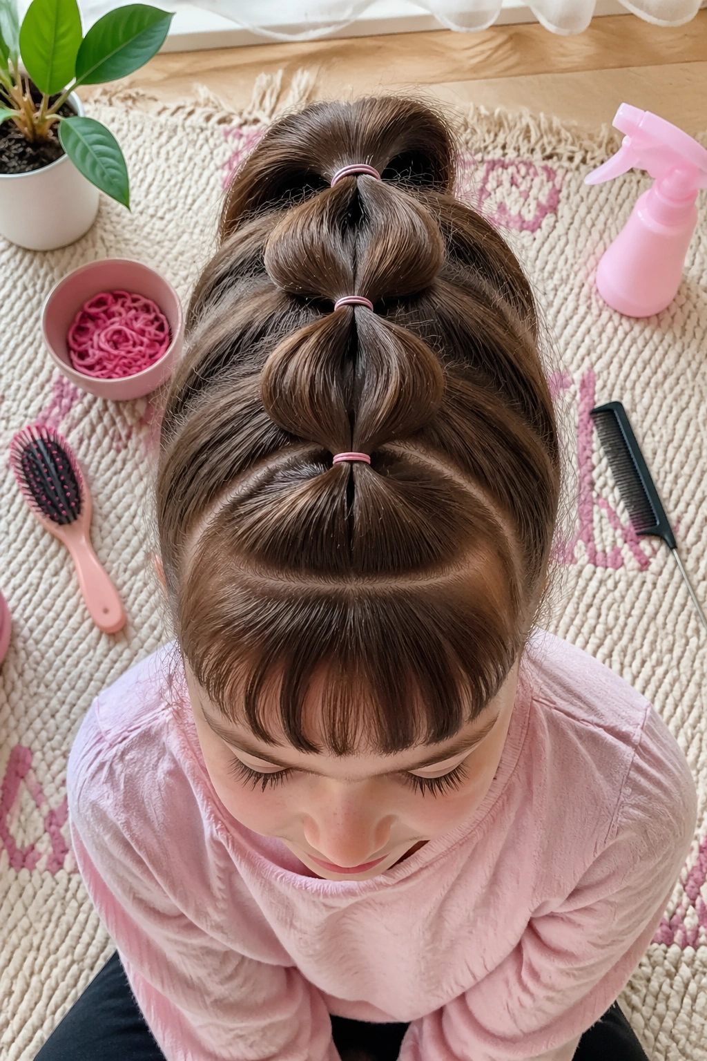 Top-down view of stacked pull-through ponytail with micro bangs