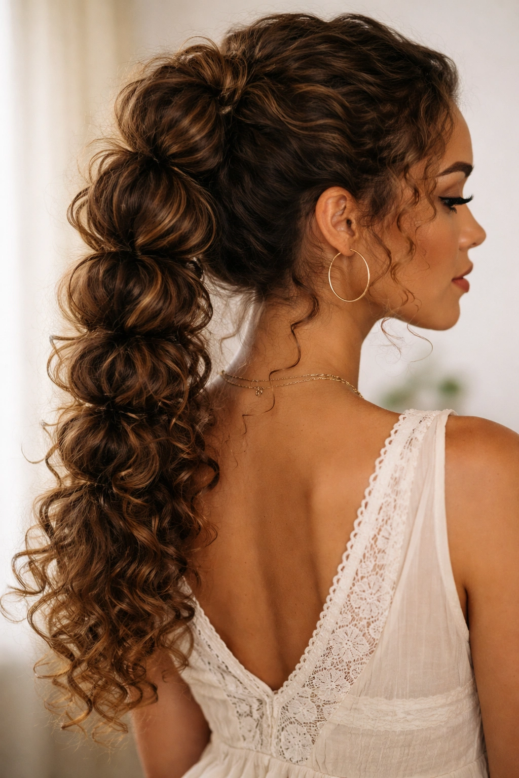 Pull-through braid ponytail with looped sections creating a full, puffed braid on curly hair