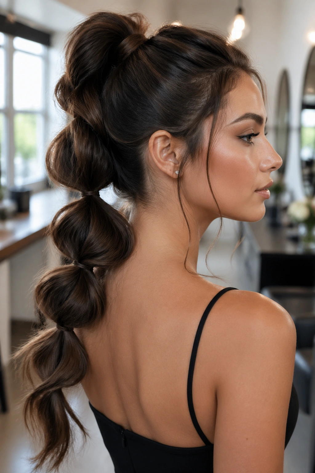 Pull-Through Braid Ponytail close-up portrait of a real woman with a voluminous sculptural braid in a salon setting