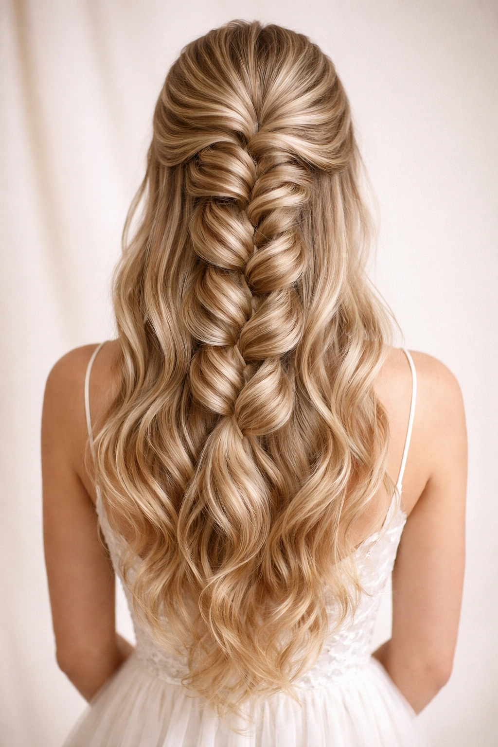 Back view of a voluminous pull-through braid on long bridal hair.