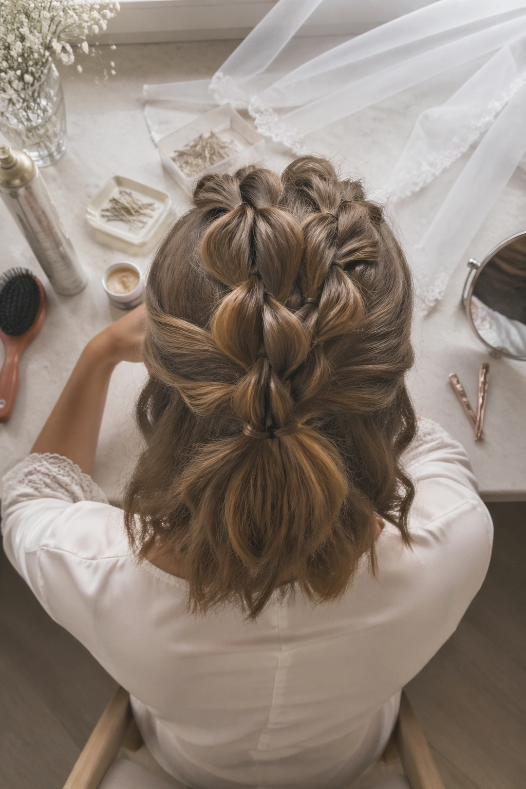 Overhead flat-lay of pull-through braid half up with elastics hidden.