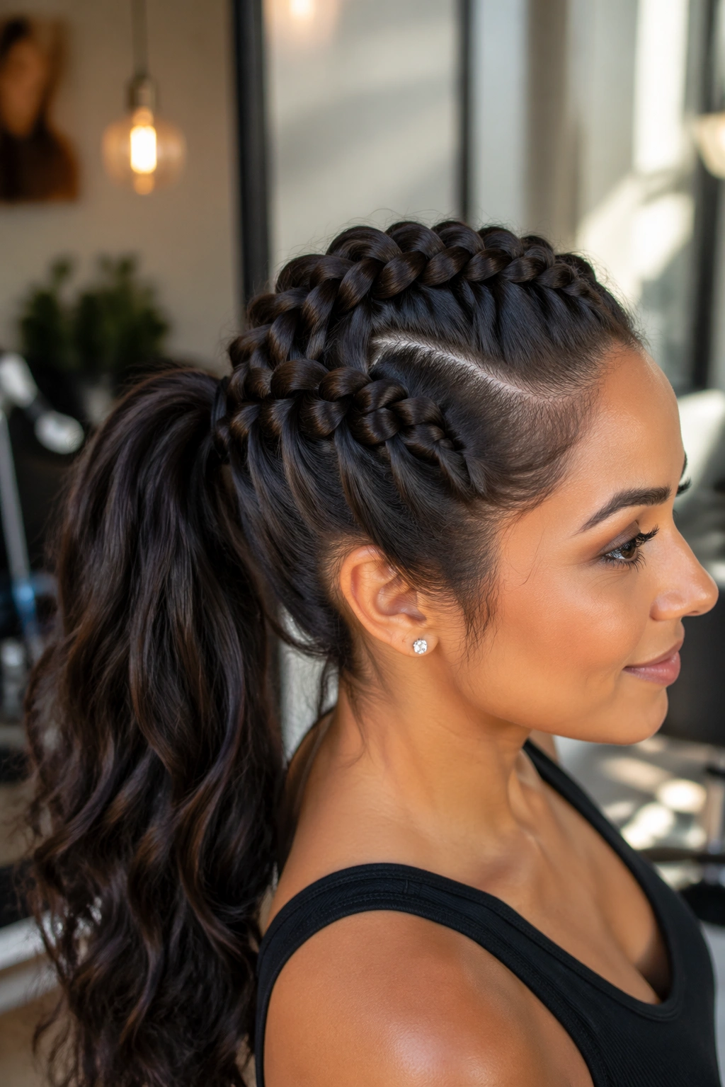 Close-up of a real woman with pull-through double braids for thick hair