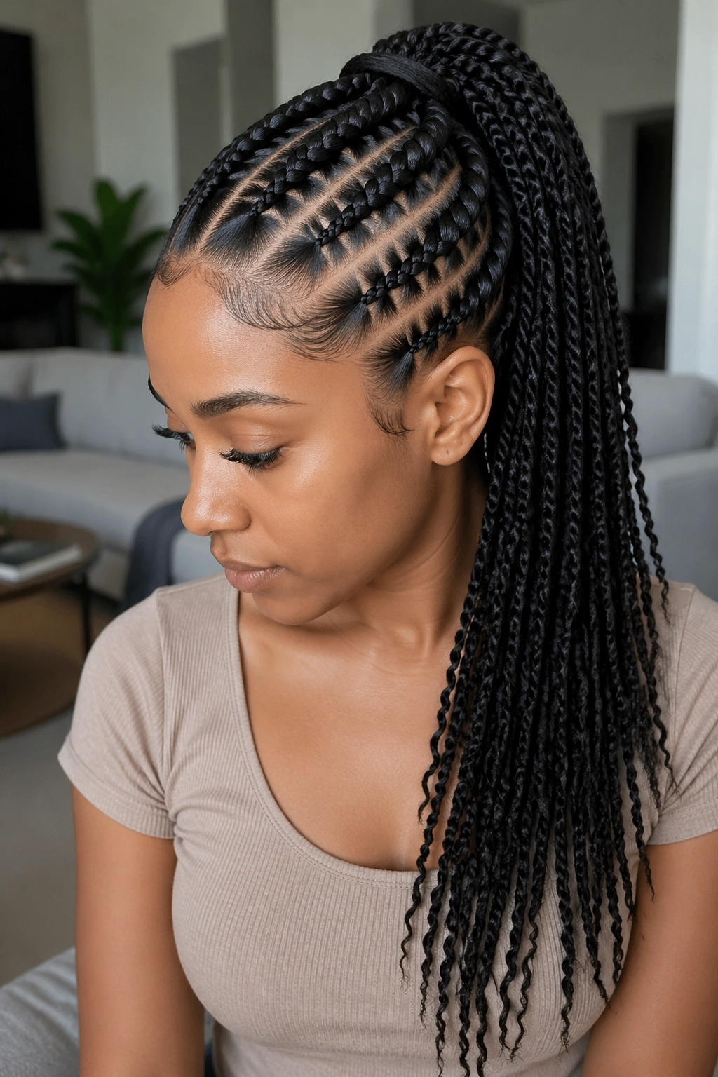 Close-up of pull-through cornrows with twist extensions on a real person