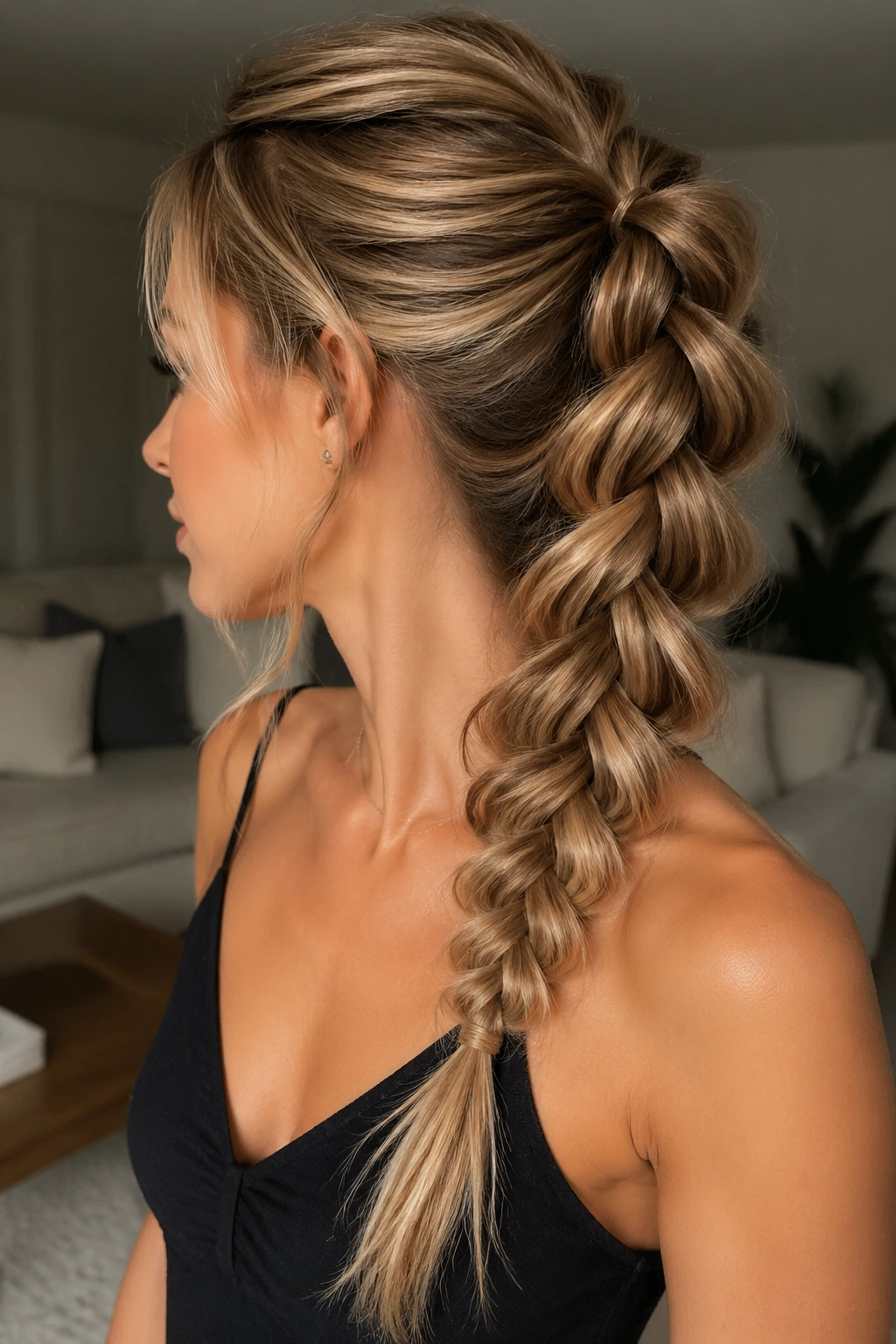 Close-up of a real woman with a pull-through fishtail ponytail showing segmented loops
