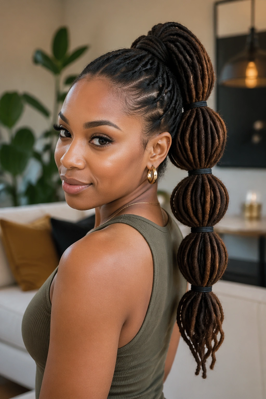 Real person with pull-through loc ponytail displaying stacked segments and fullness
