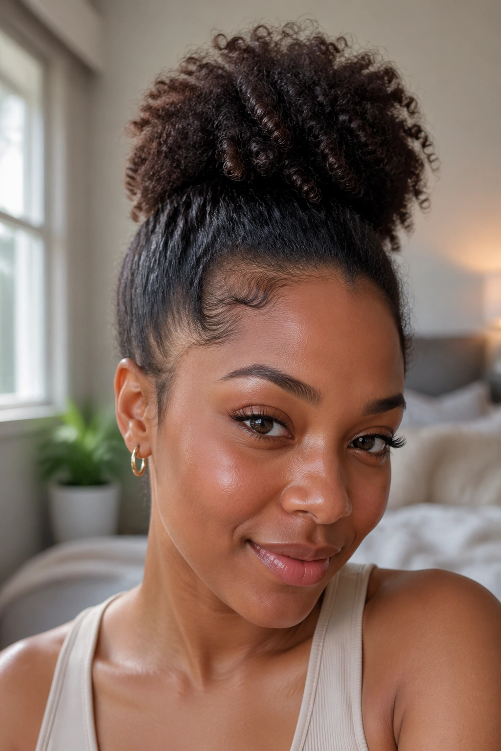 Close-up of a real woman with a pull-through puff hairstyle in a sunlit bedroom