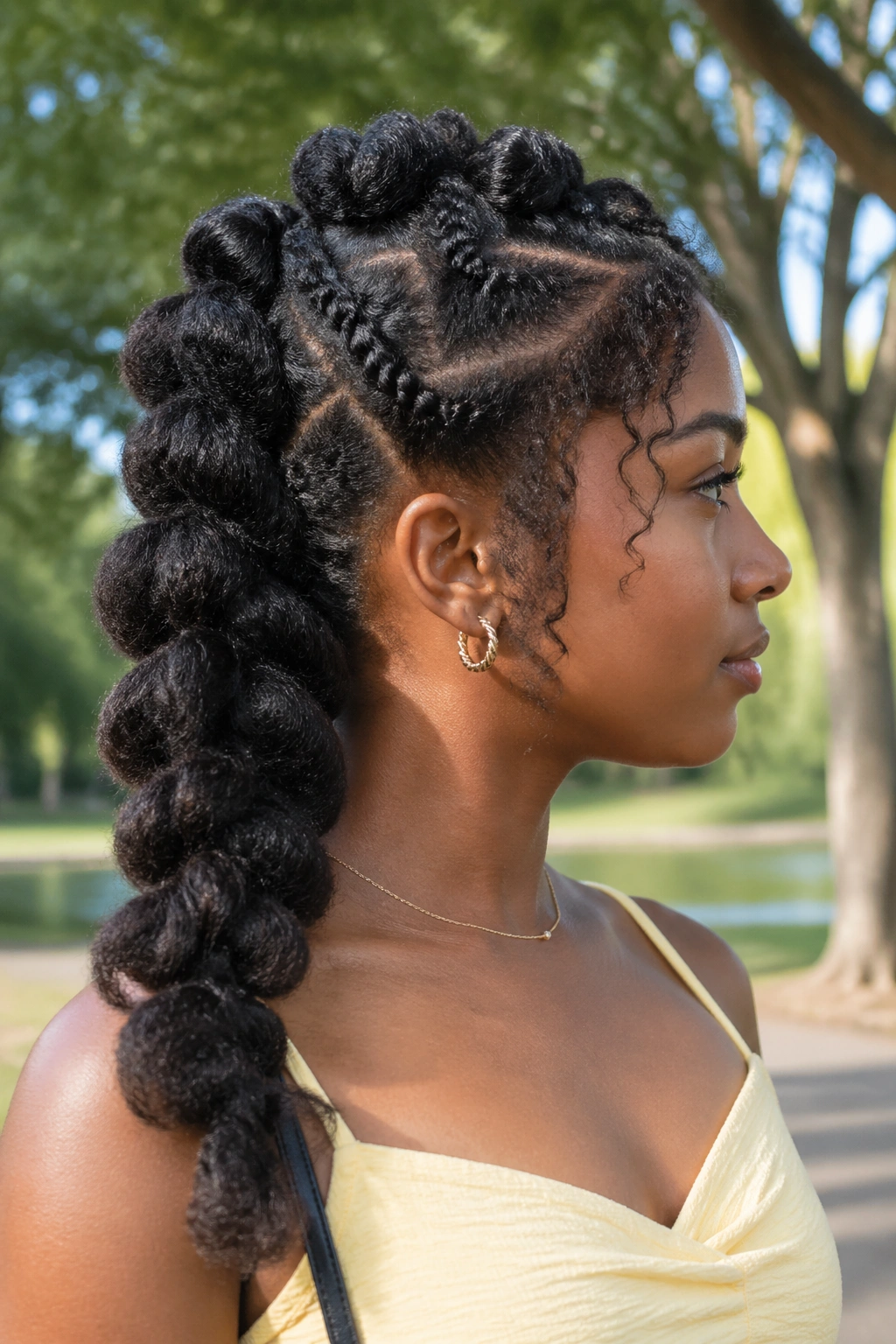 Portrait of a person wearing pull-through hairstyle showing cascading loops