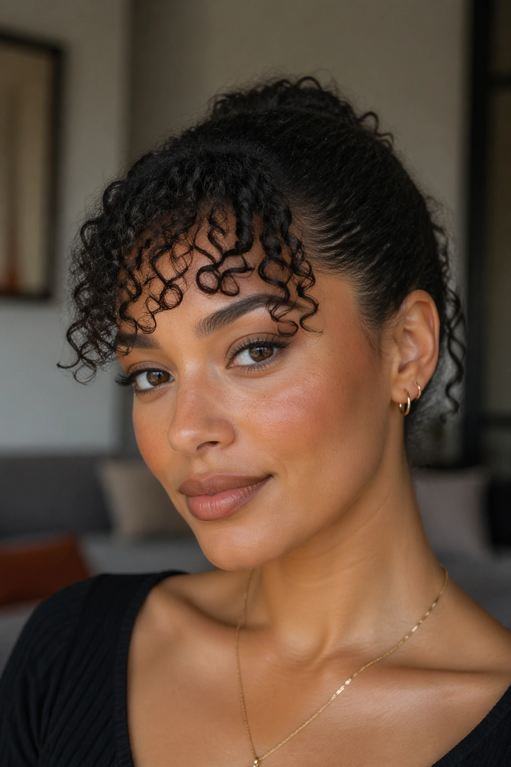 Close-up portrait of a real woman with bangs left out while the rest of the hair is pulled back