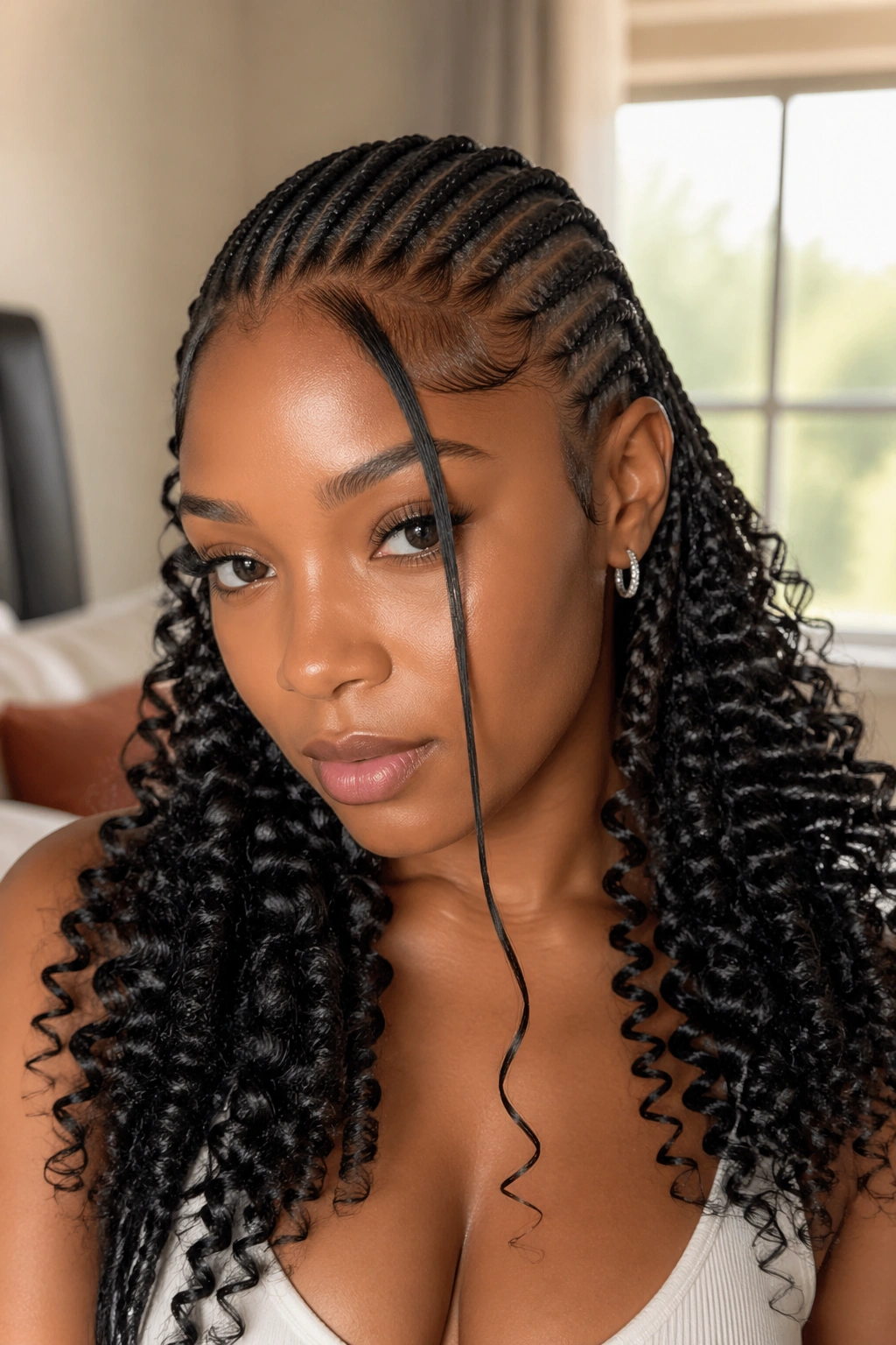 Close-up of a real woman with a face-framing single pulled-out curl among curly ends