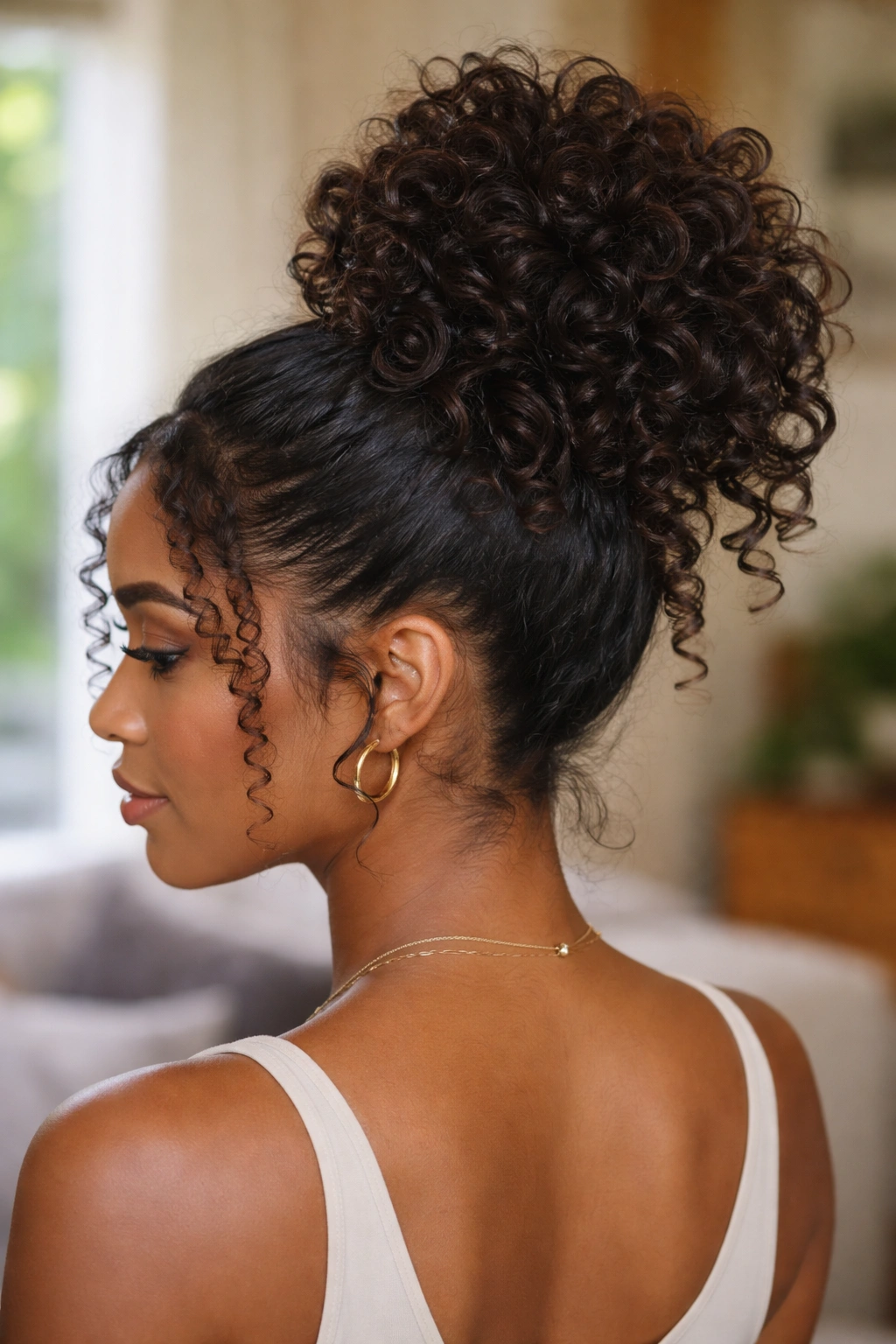 Close-up of a real woman with a bun and pulled-through curls around the crown