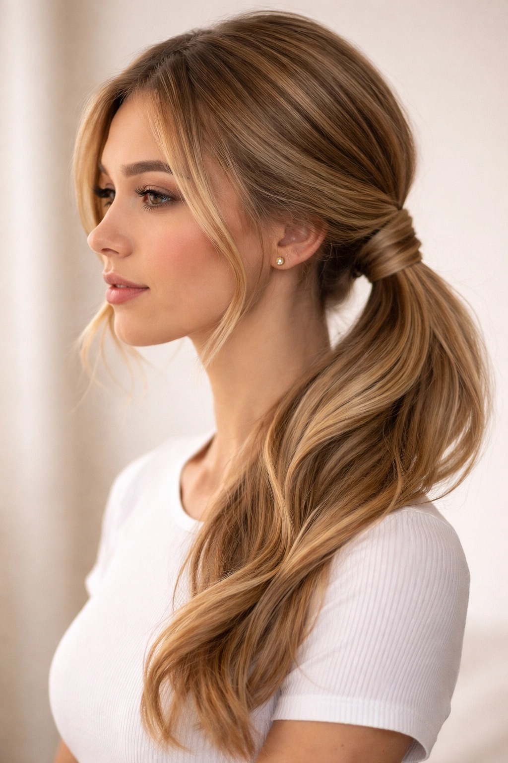 Side view of a side ponytail with pulled-through twist above the elastic