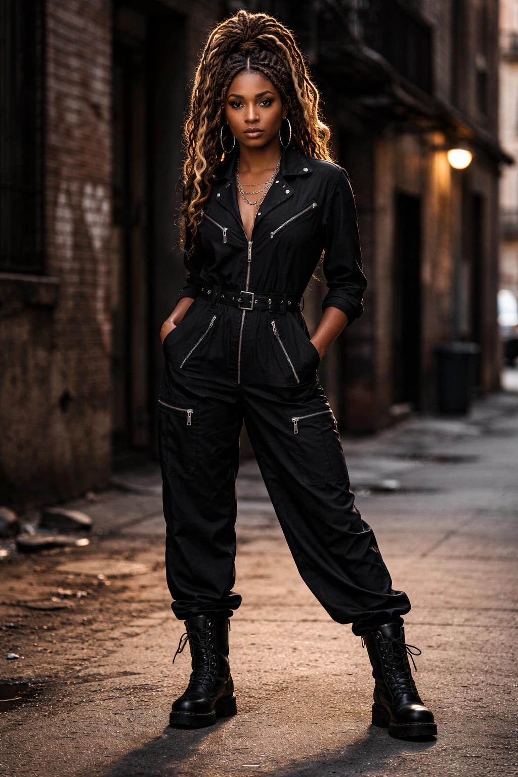 Real woman in black punk jumpsuit with zippers in an urban alley.