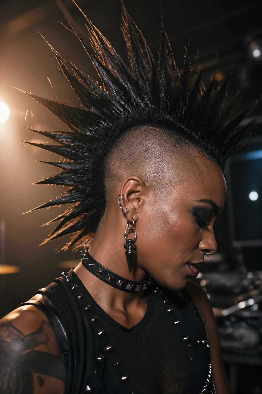 Close-up of a woman with a punk spiky Mohawk under stage lighting