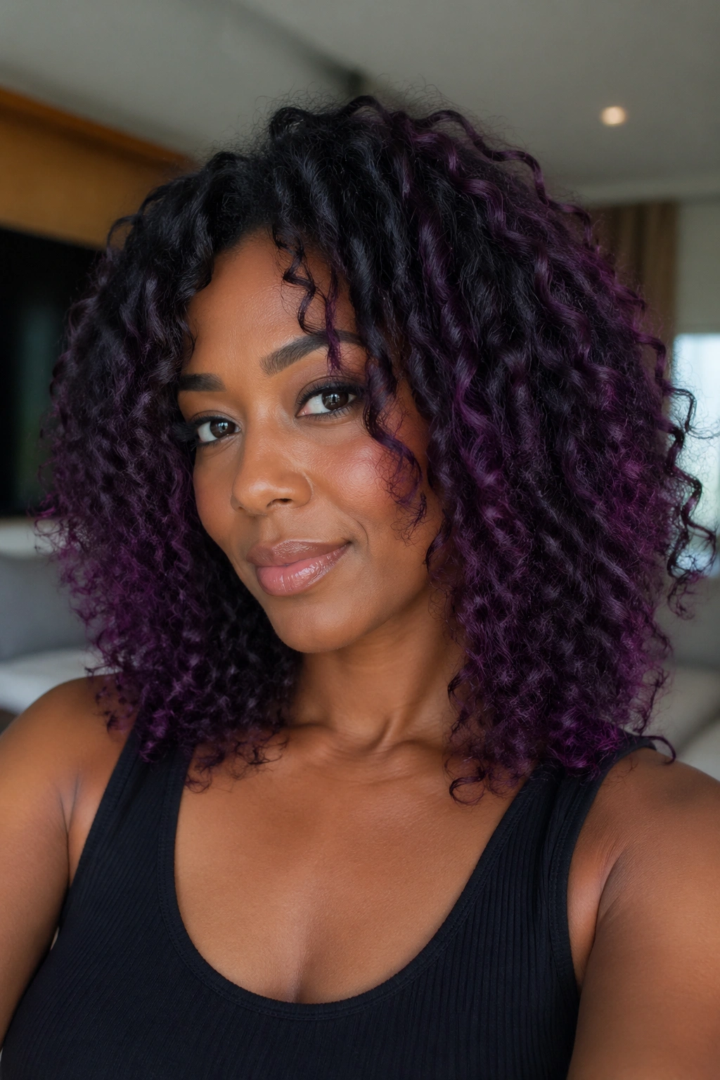 Close-up of a Black woman with purple balayage on curly hair catching light