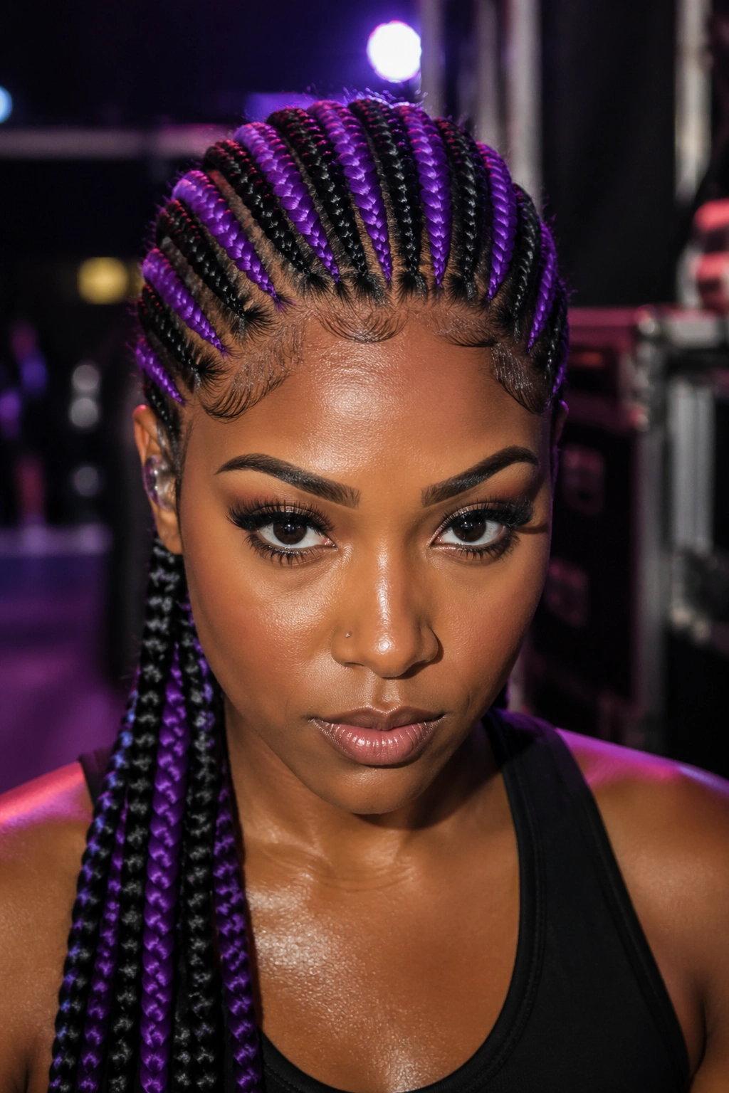Close-up of purple and black striped cornrows on a real person