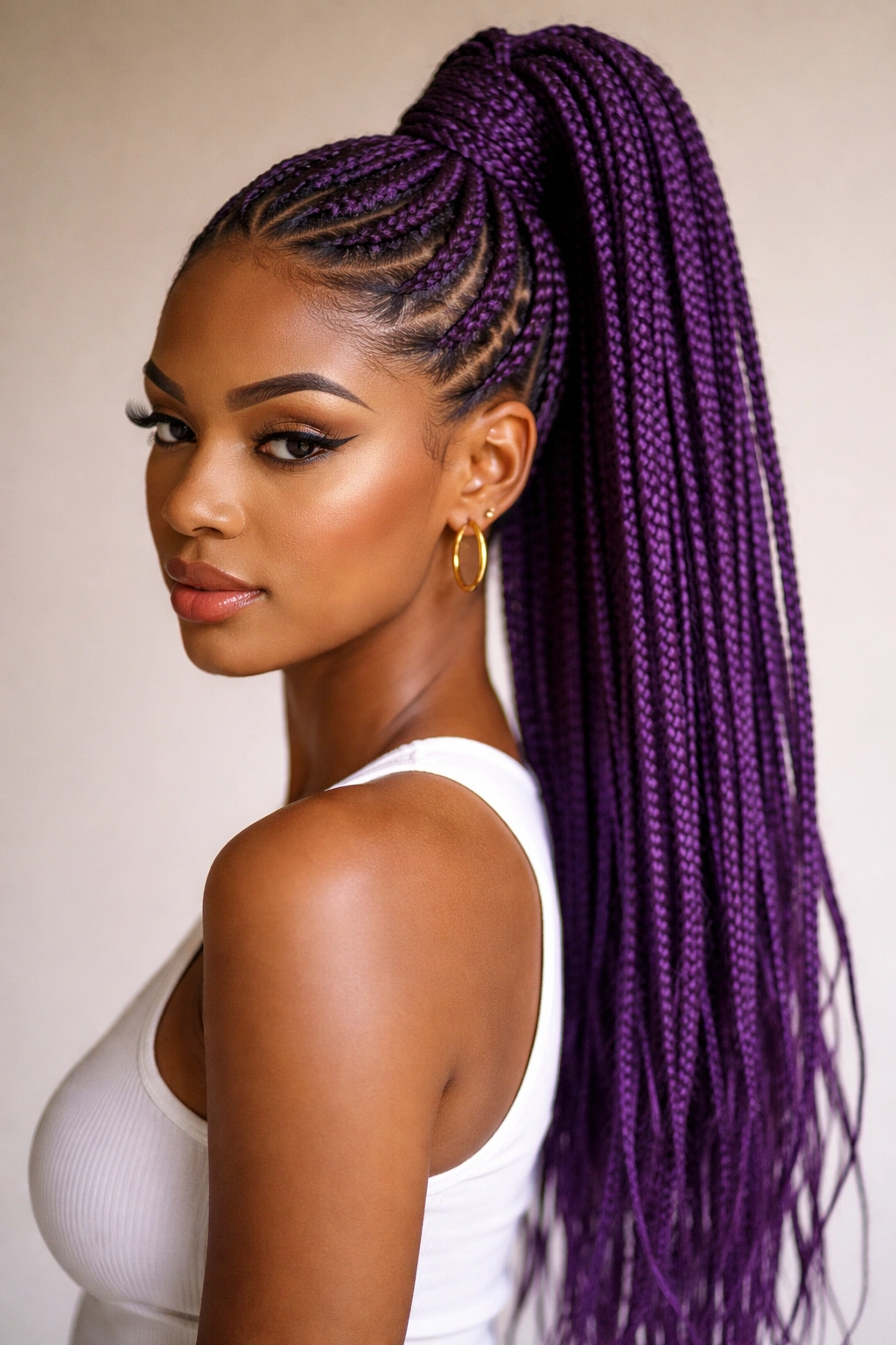 Purple box braids high ponytail with bold color