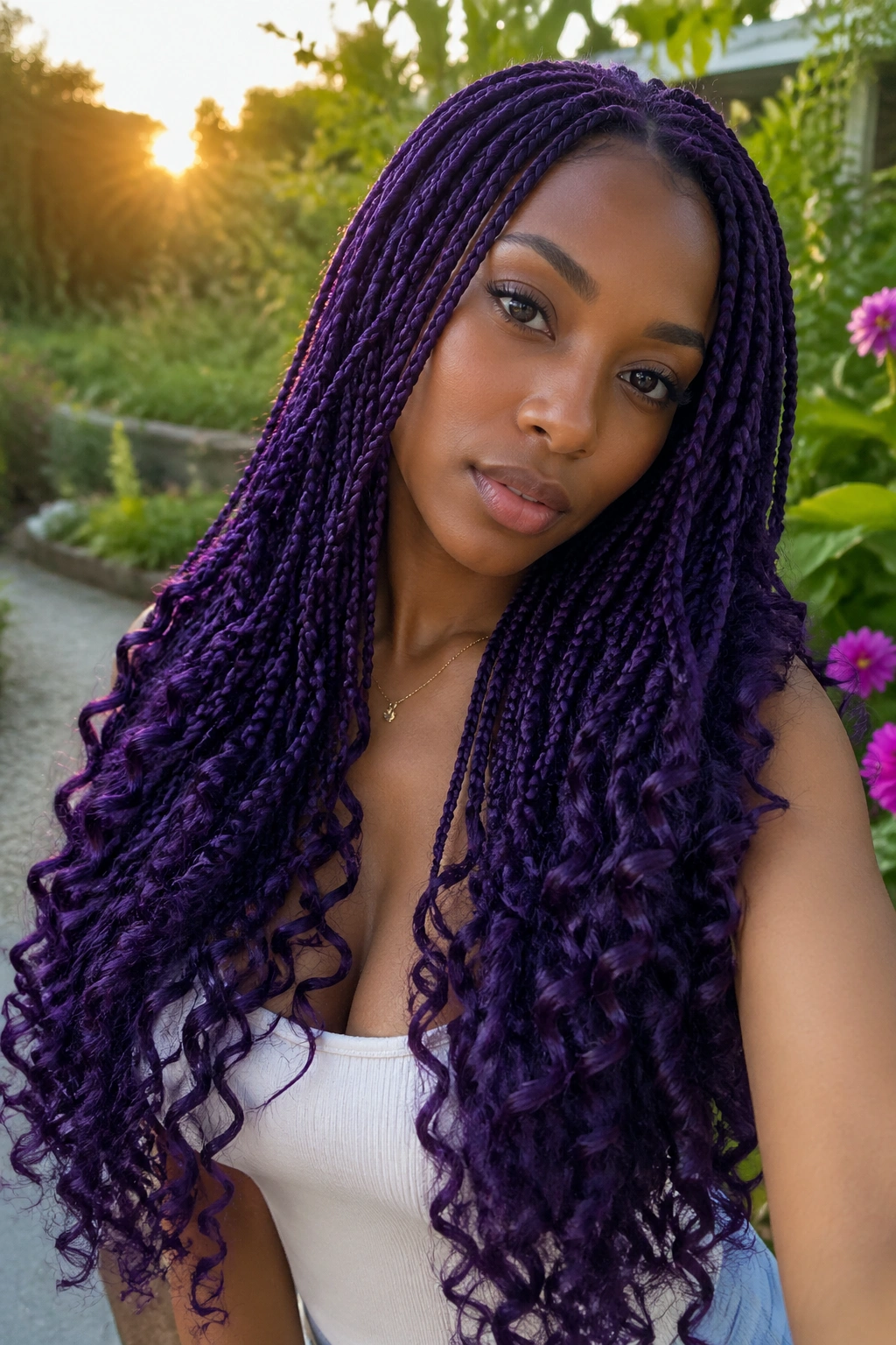 Close-up of waist-length purple box braids with spiral ends on a real woman in a sunlit garden