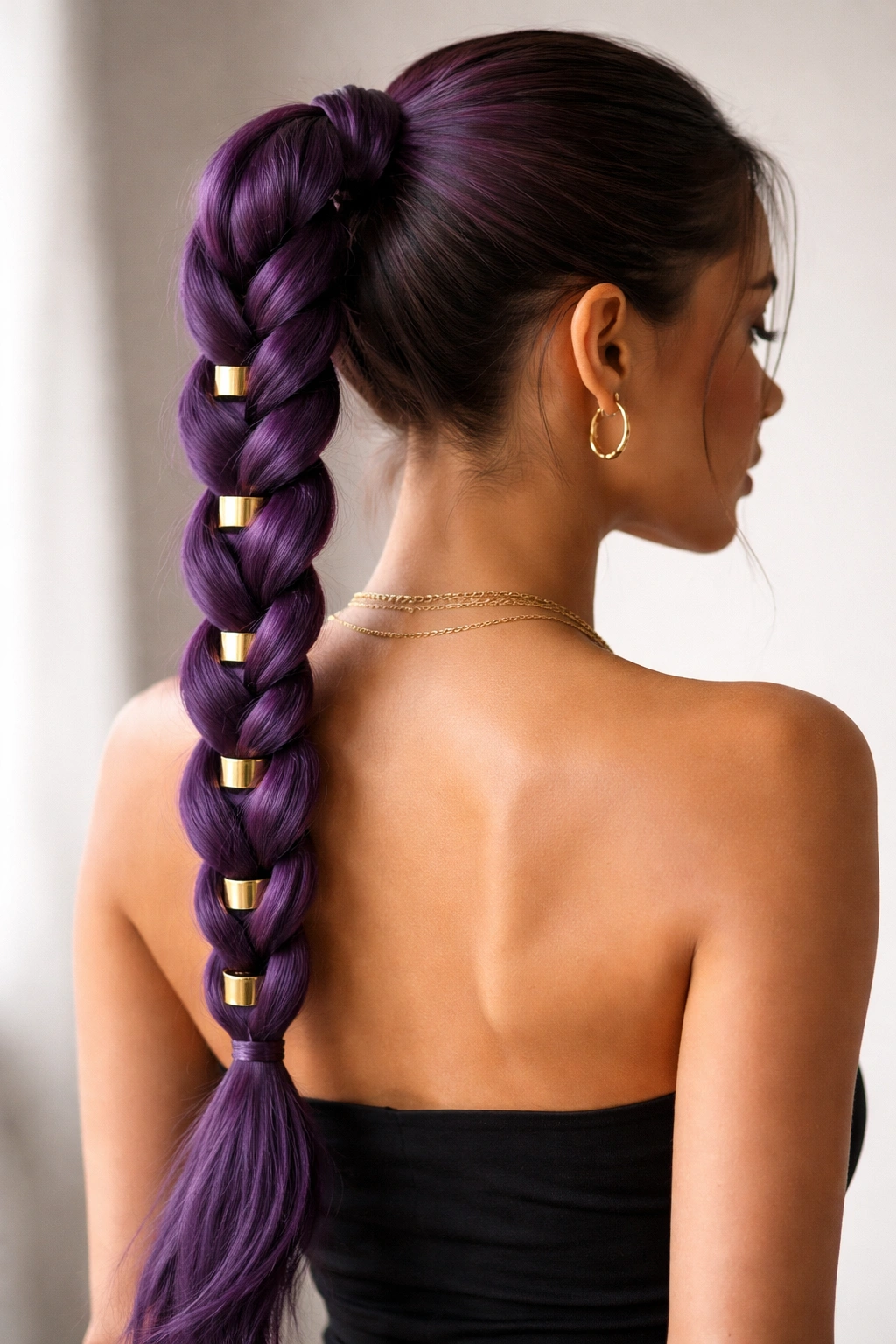 Purple braided ponytail with gold cuffs visible