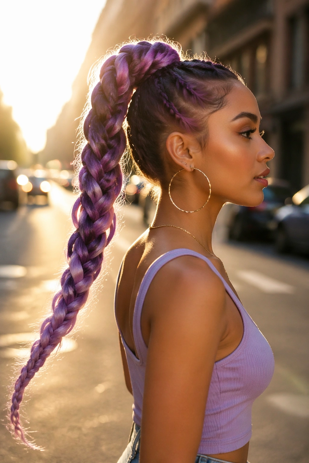 Purple braided ponytail side-profile on golden hour street