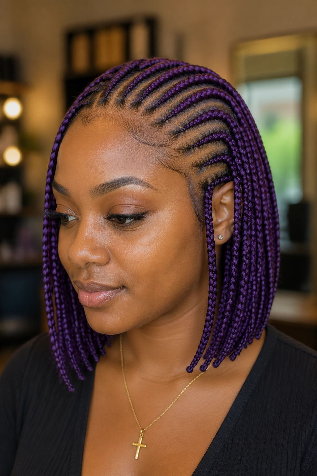 Portrait of a person with a purple cornrow bob, chin-length.