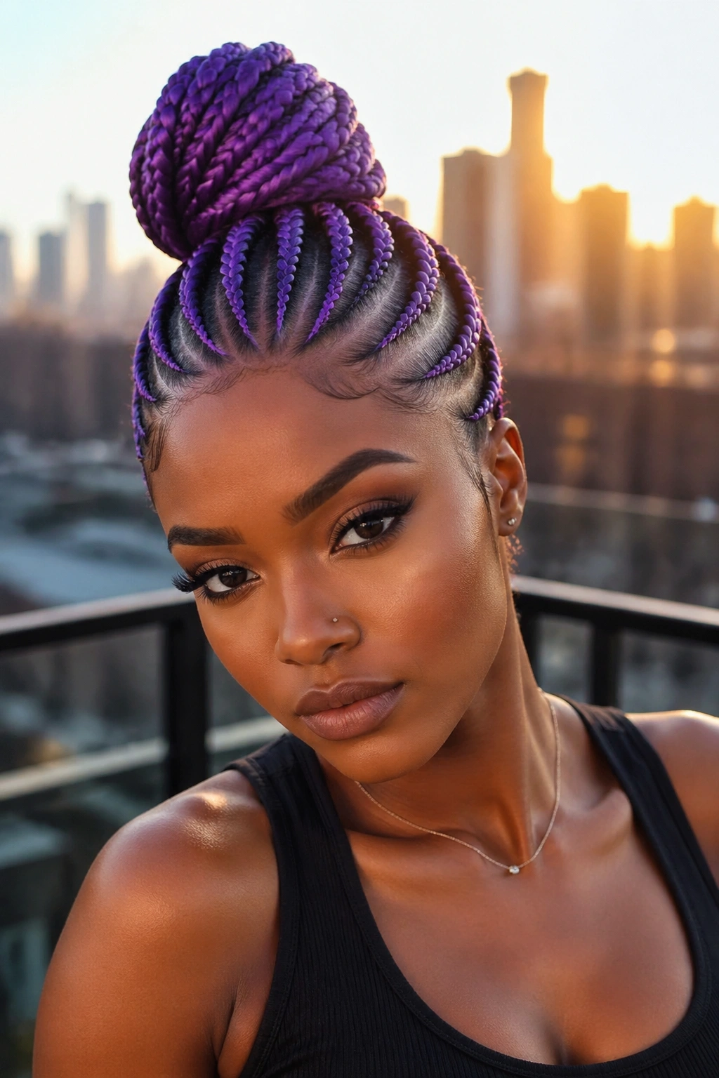Close-up of purple cornrow bun on a real person
