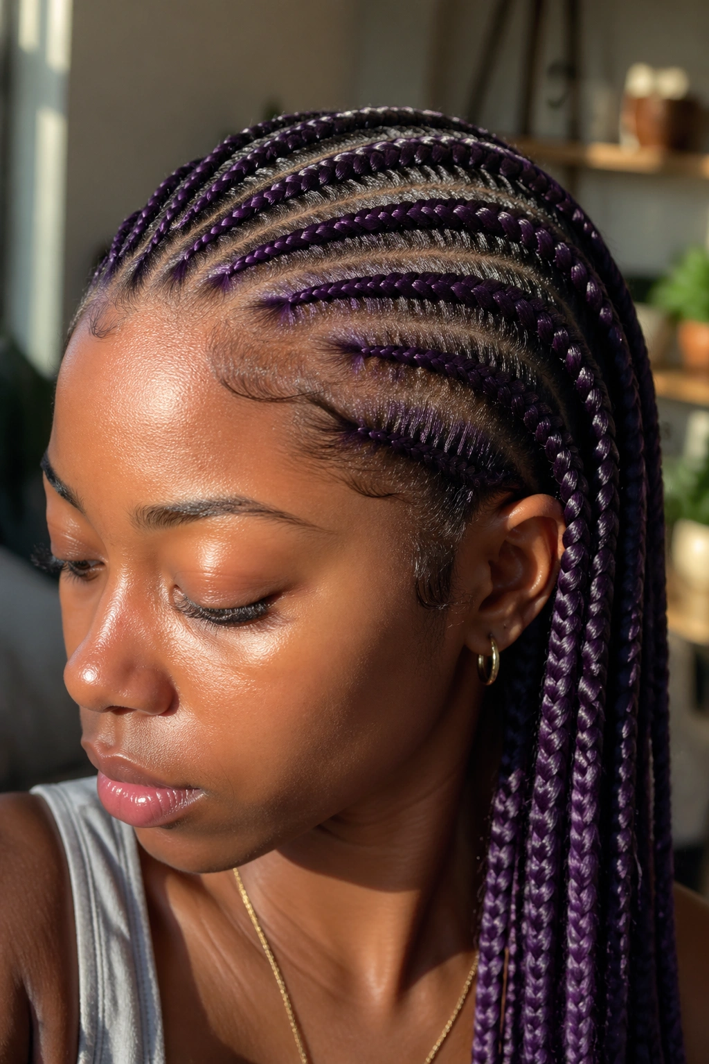 Real person with purple cornrows showing color longevity under natural light