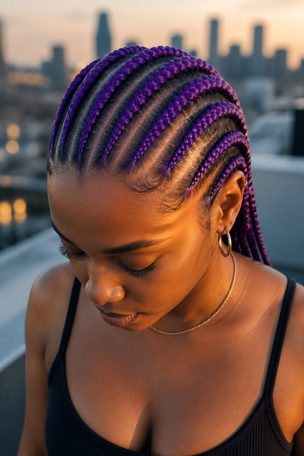 Ten electric purple cornrows on a real person, close-up portrait
