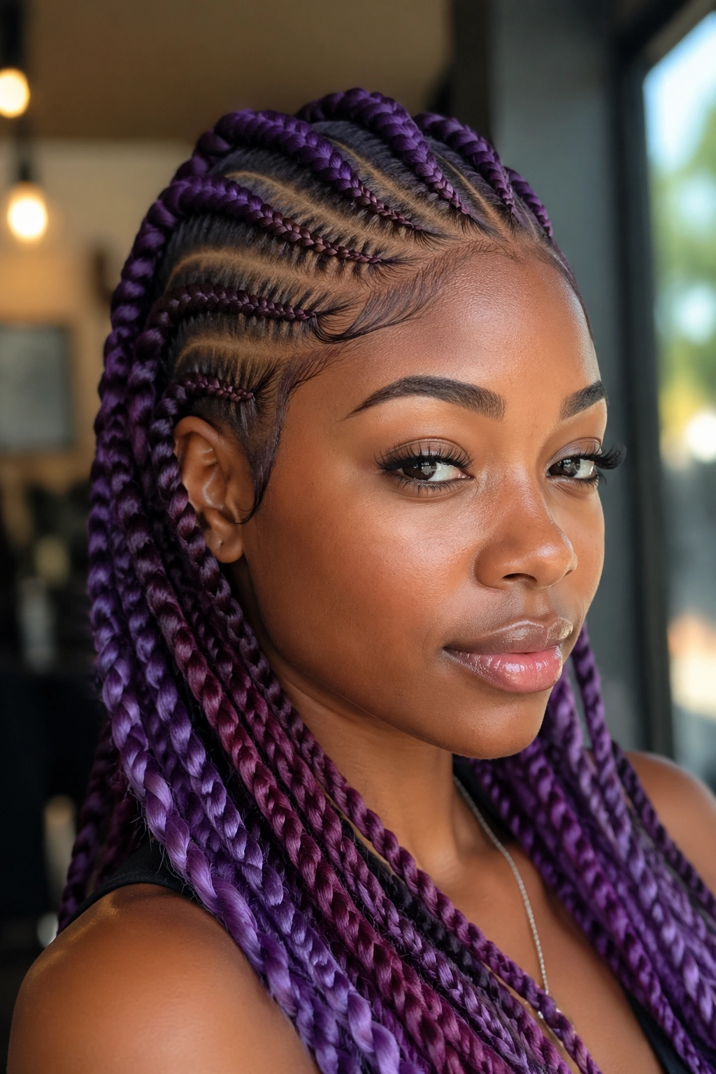 Close-up of a Black woman with purple cornrows in a warm salon setting