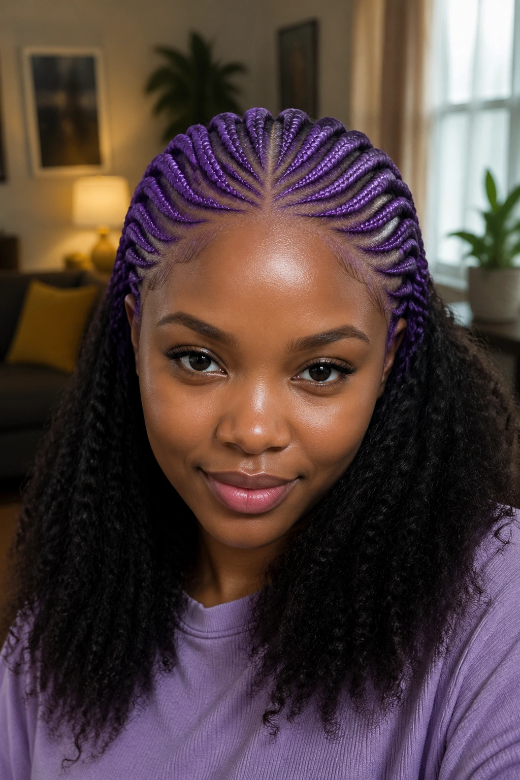 Purple crown cornrows with natural loose ends on a real person