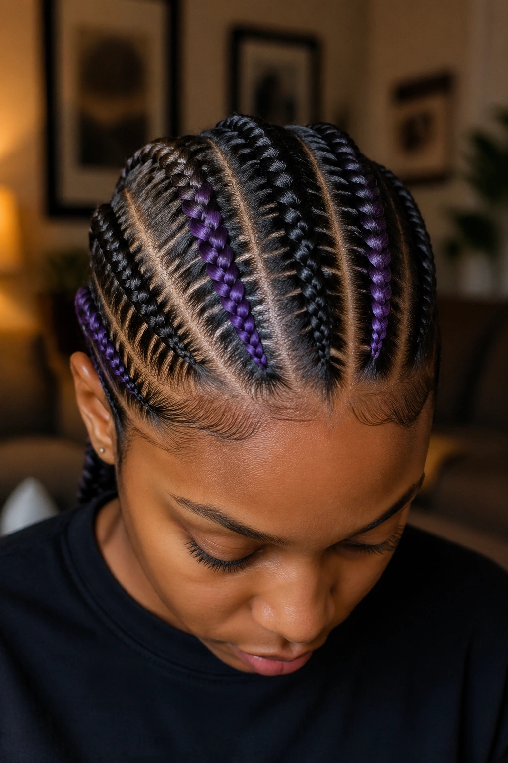 Portrait of a person with natural cornrows and purple highlights on both sides.