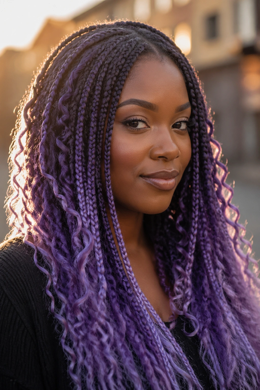 Close-up of a real person with purple ombre box braids and curly tips in golden hour light