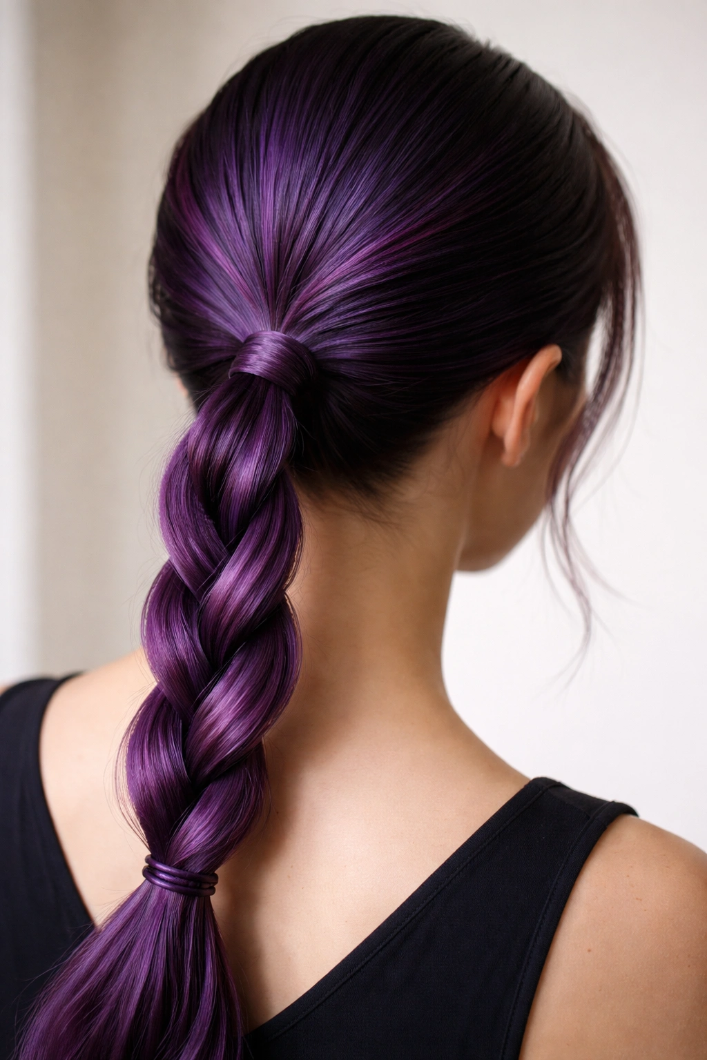 Close-up of a purple rope-braid low ponytail at the nape with deep purple tones.