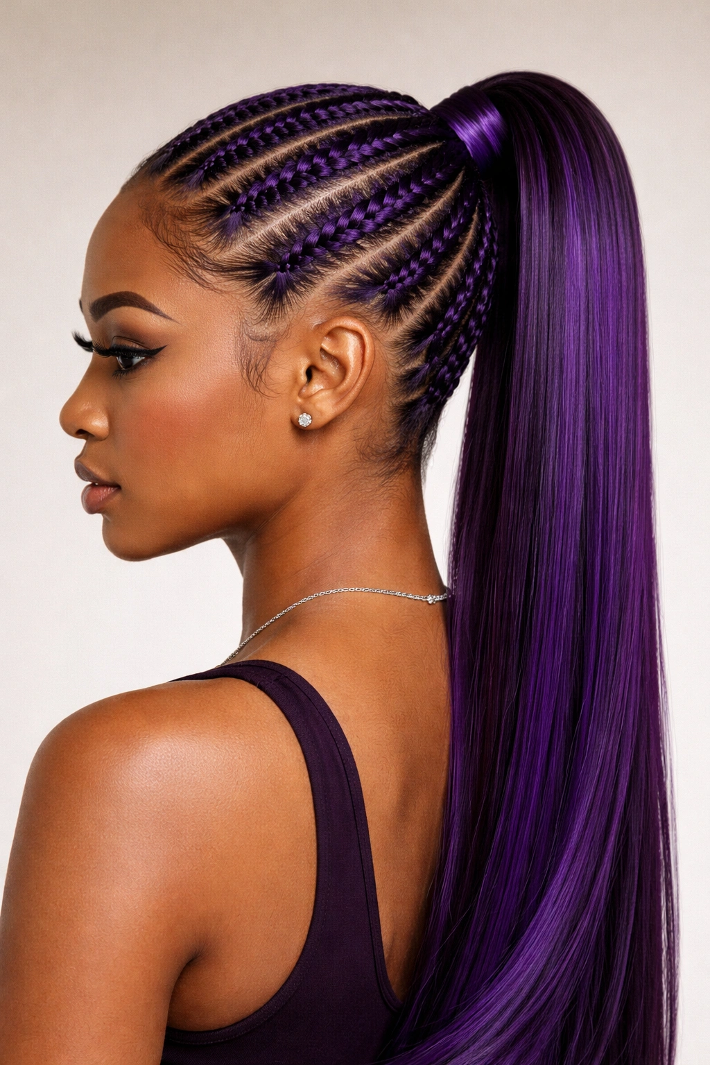 Purple stitch-braid ponytail with crisp lines and glossy finish.