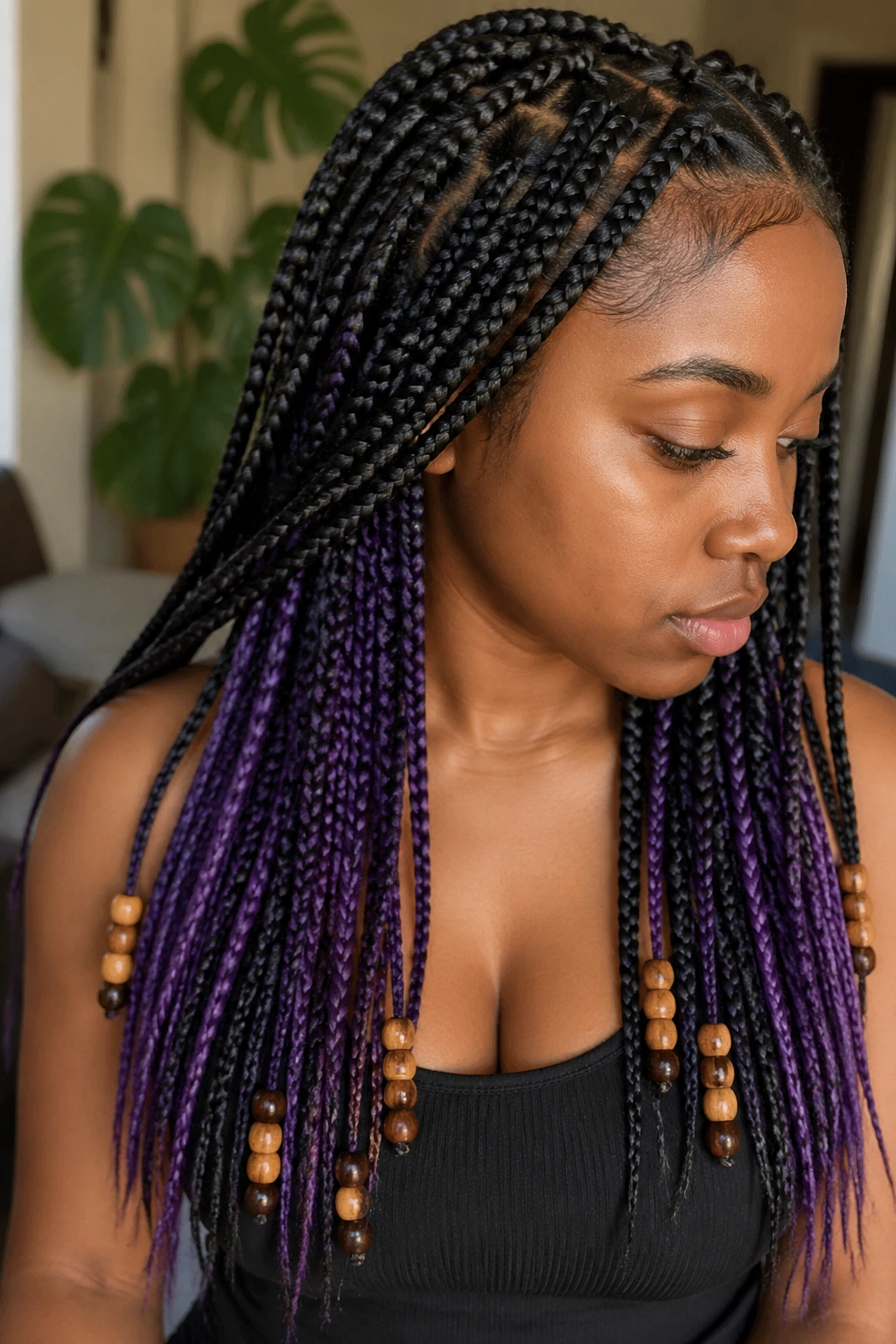 Portrait of a person with purple underlayer peeking through braids and wooden beads on exposed strands.