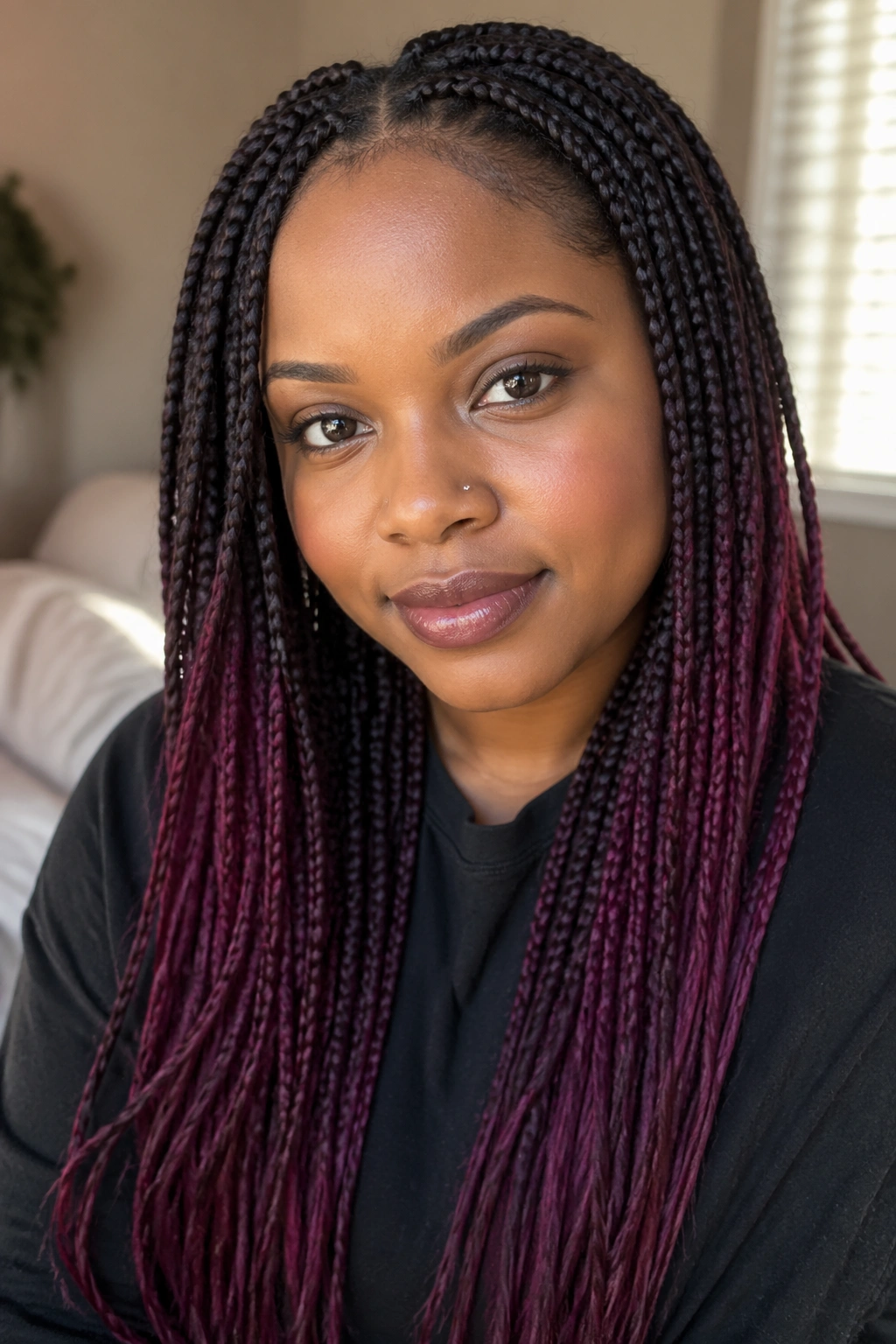 Close-up of purple wine ombré box braids on a real woman