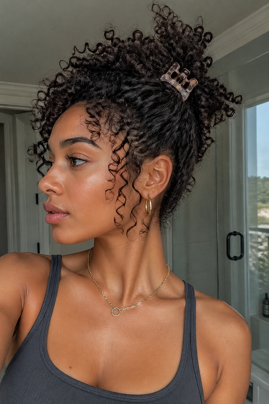 Portrait of a person with a quick, imperfect claw clip updo