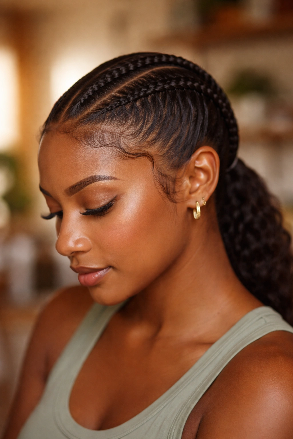 Portrait of person with a single cornrow in progress