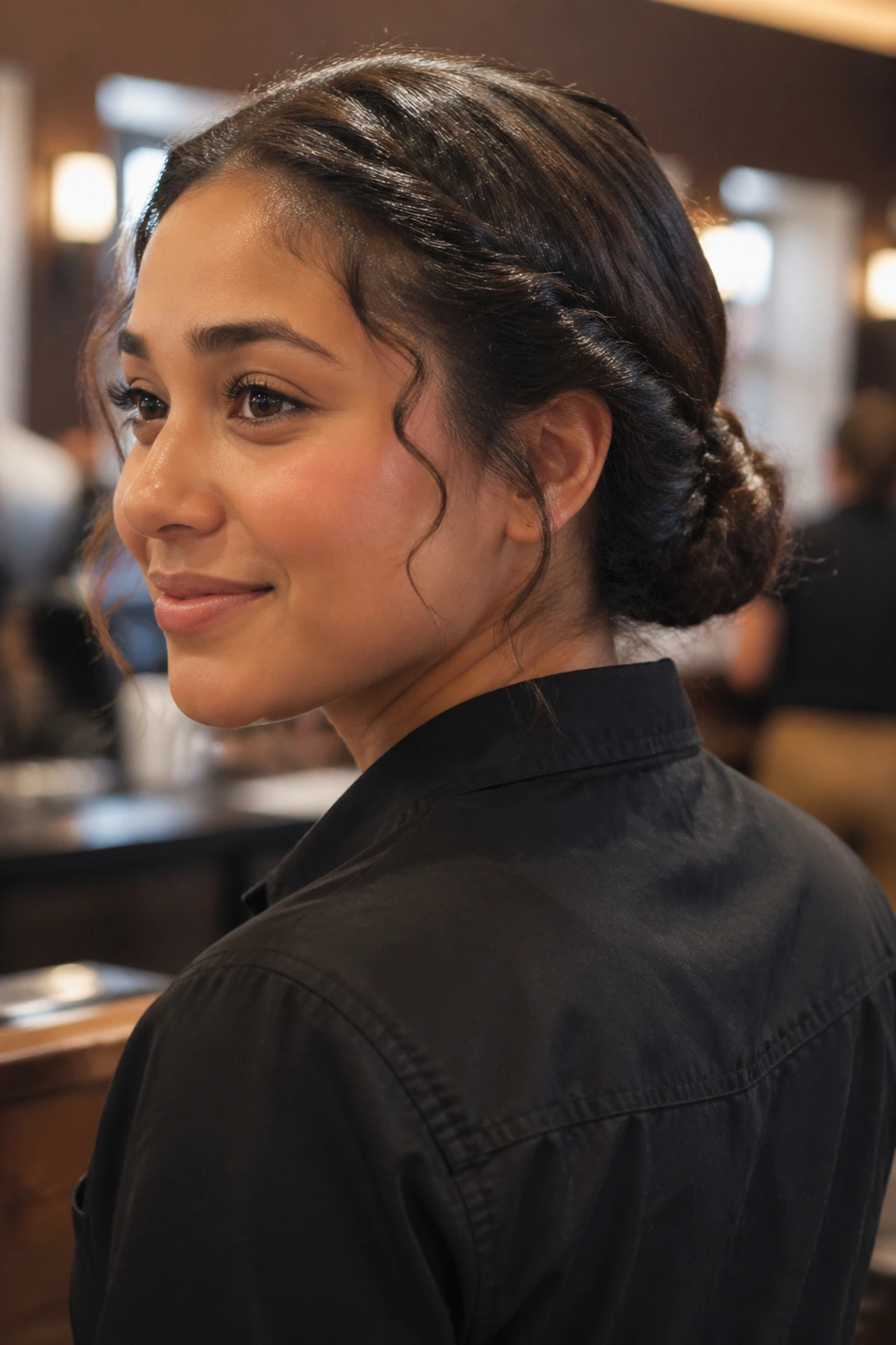 Close-up of a real woman with a quick two-twist low bun secured at the nape