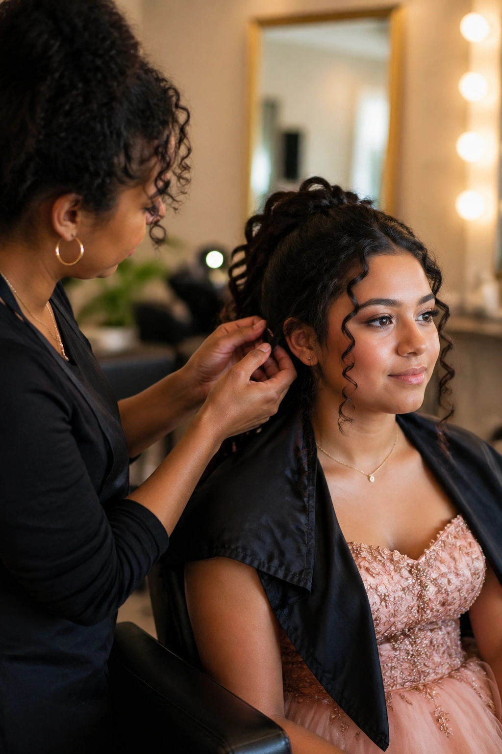 Client in salon chair consulting with stylist about quinceañera hairstyle.