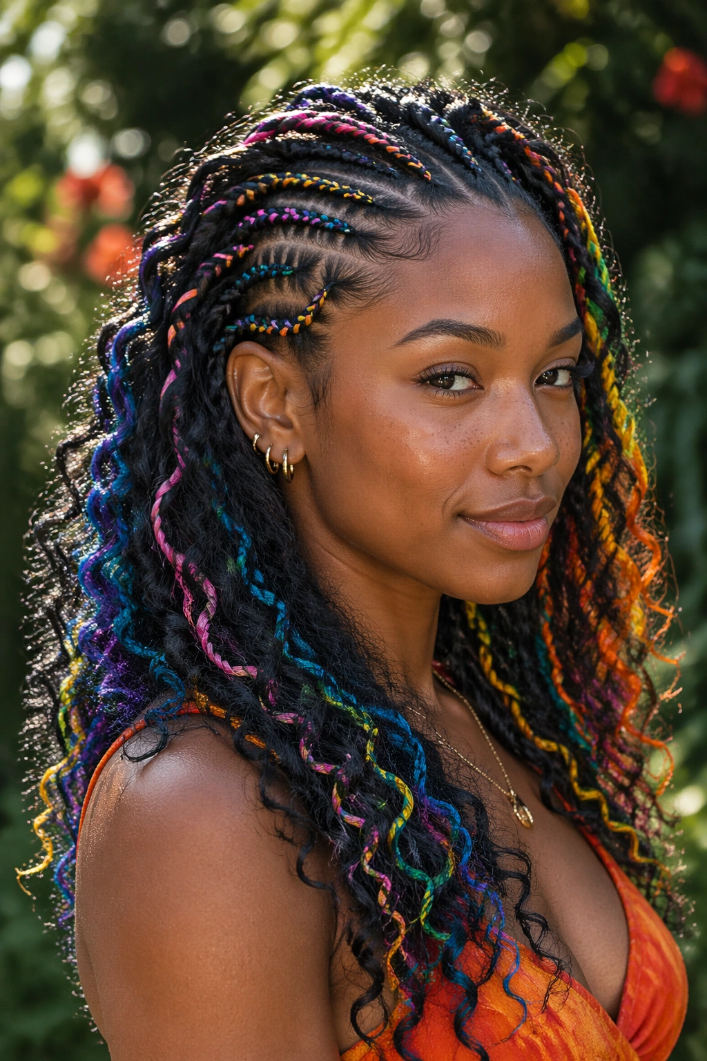Close-up of a real woman with rainbow accents woven into bohemian cornrows.