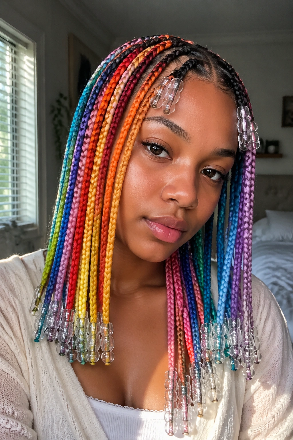 Close-up of a real woman with rainbow box braids and clear beads at the ends, natural window light in a cozy bedroom