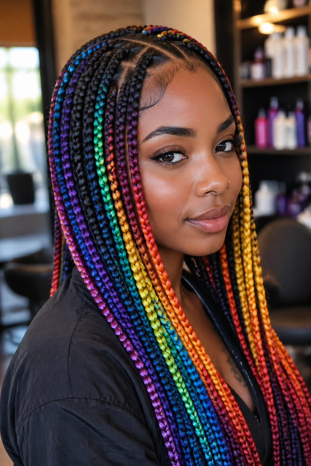 Close-up portrait of a real person wearing rainbow box braids with a black base in a stylish salon.